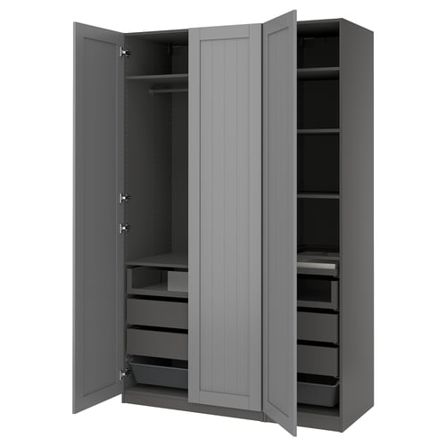 A grey PAX wardrobe with open doors, revealing shelves and drawers.