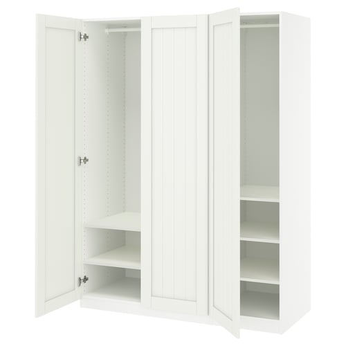 White PAX wardrobe with open doors. Simple, minimalist design, made of particleboard and fibreboard.
