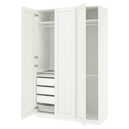 White PAX wardrobe with open doors, spacious shelves, drawers, and hanging space.
