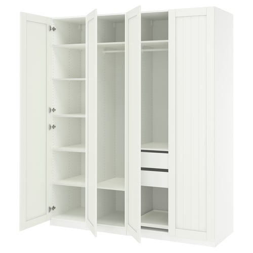 White PAX wardrobe with multiple shelves and drawers, wall-mounted, clean and minimalist design.