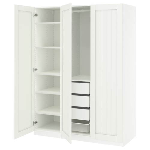 A white PAX wardrobe with open doors, displaying shelves and a mesh basket.