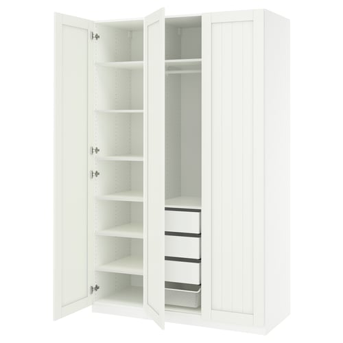 An open white ikea PAX wardrobe with multiple shelves and drawers, featuring a modern, minimalist design.