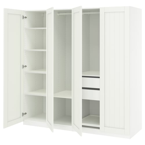 White ikea PAX wardrobe with 3 sections, adjustable shelves, pull-out trays, wall-mounted, silver hinges.