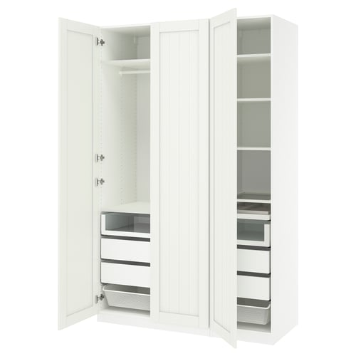 A white PAX wardrobe with open doors, revealing shelves and drawers, combining functionality and modern design.