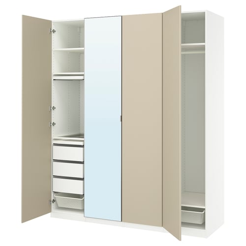 An open beige and white PAX wardrobe with shelves, drawers, and mirror panels.