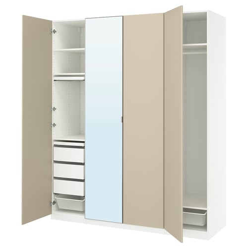 PAX wardrobe: light beige, wall-mounted, mirrored, with shelves and drawers.