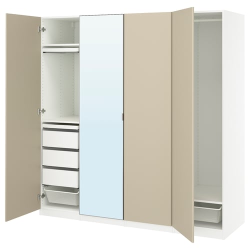Modern white and beige PAX wardrobe, mirrored centre, shelves, drawers, soft-closing doors.