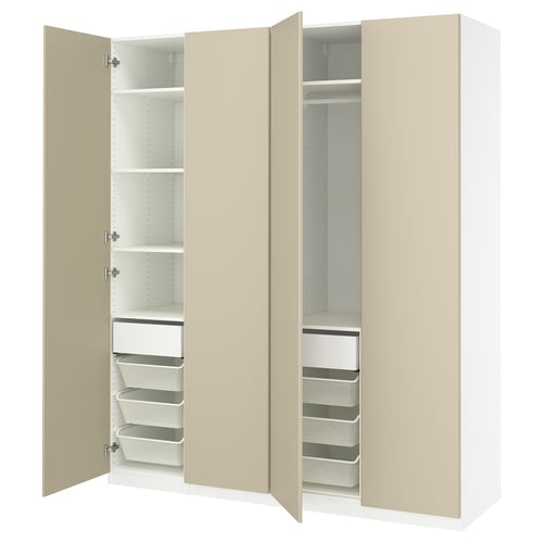 Beige PAX wardrobe with open doors, shelves, and drawers.