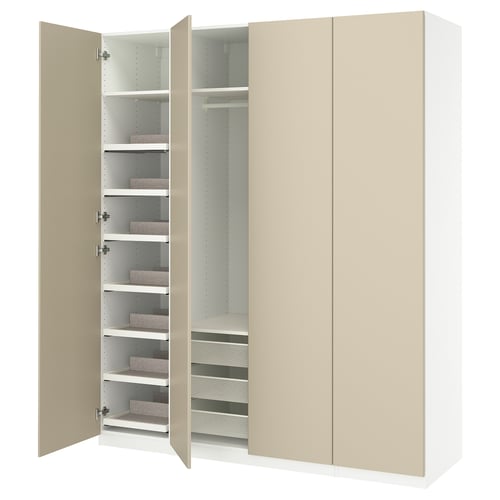 This image shows a beige IKEA PAX wardrobe. It has multiple shelves and drawers, with open doors revealing storage compartments.