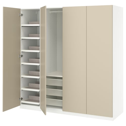 A beige PAX wardrobe with open doors, featuring shelves and compartments.