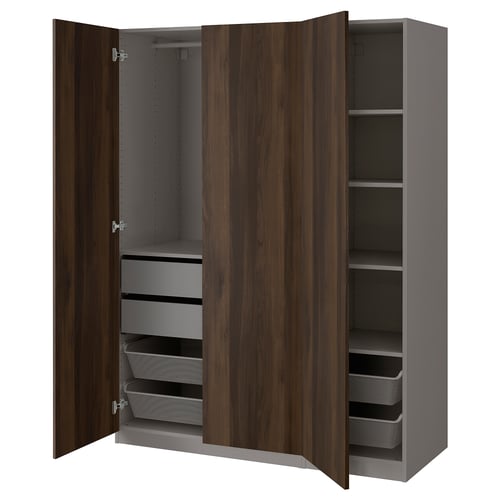 Open wardrobe PAX: dark brown, grey, rectangular, wood-like texture, mesh drawers, soft close doors.