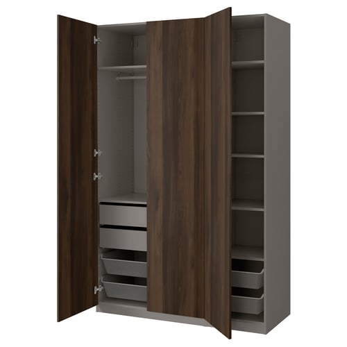 Modern PAX wardrobe: grey, wood finish, tall with drawers, shelves, mesh baskets.