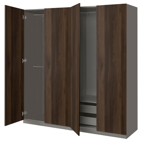PAX wardrobe: brown wooden doors, metal rail interiors, grey interior walls. Adjustable feet, soft-close hinges.