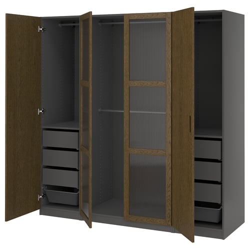 Modern brown and grey wardrobe with dark interior, hanging rails, shelves, and drawers.