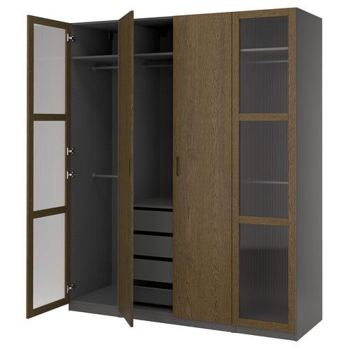 An open PAX wardrobe in brown and dark grey, featuring shelves and drawers.