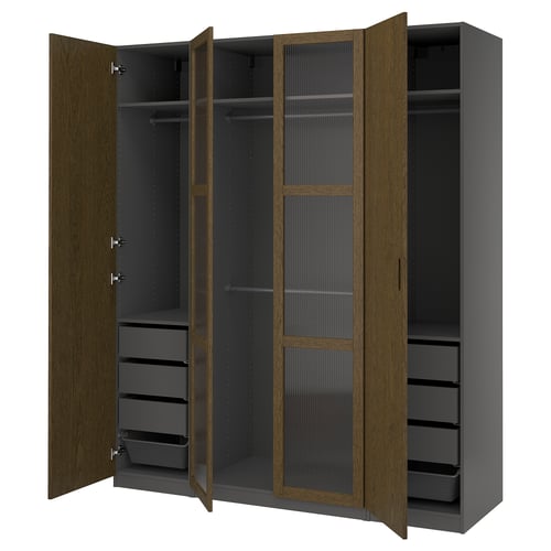 PAX wardrobe: modern design, oak/black, includes drawers and shelves, mounted on a wall.