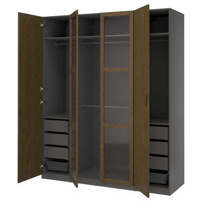 PAX / TONSTAD Wardrobe combination, dark grey brown/stained oak veneer glass, 200x60x236 cm
