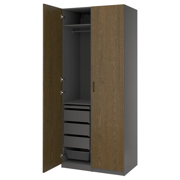 PAX / TONSTAD Wardrobe combination, dark grey/brown stained oak veneer, 100x60x236 cm