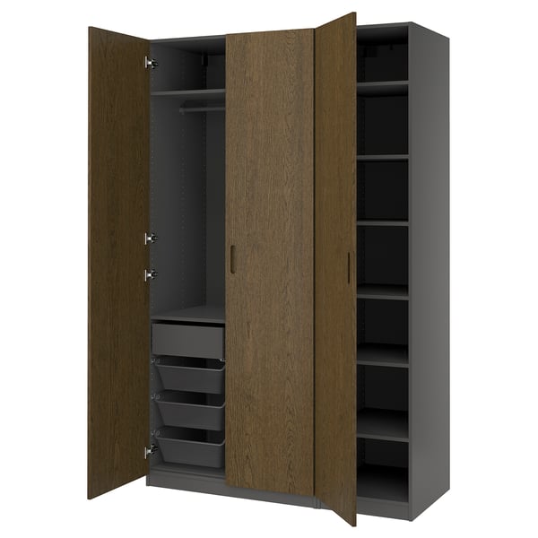 PAX / TONSTAD Wardrobe combination, dark grey/brown stained oak veneer, 150x60x236 cm