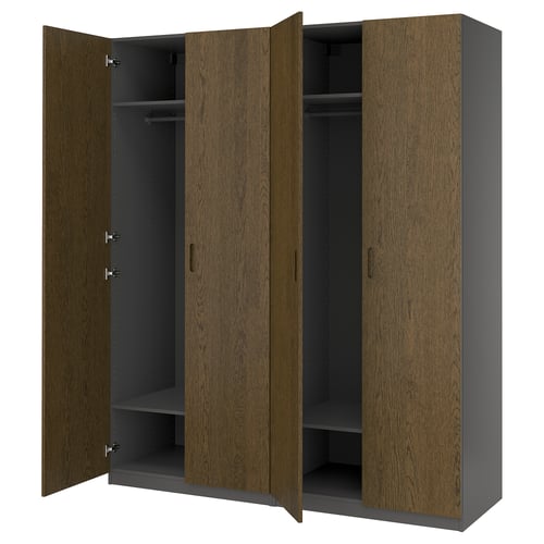 PAX wardrobe in oak veneer, grey interior, three-door design with adjustable shelves, robust handles.