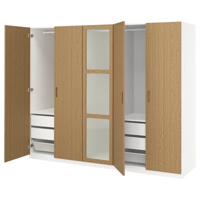 PAX / TONSTAD Wardrobe combination, white/oak veneer glass, 250x60x201 cm