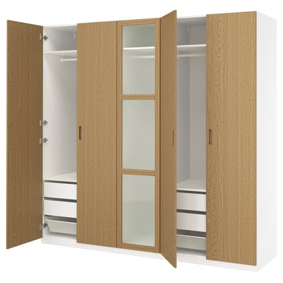 PAX / TONSTAD Wardrobe combination, white/oak veneer glass, 250x60x236 cm