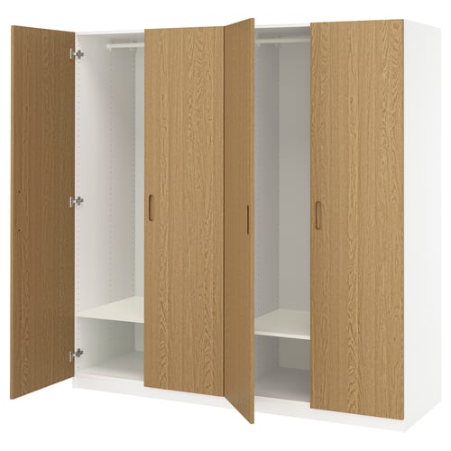 PAX wardrobe: light wooden 3-door hanging cabinet with white interior.