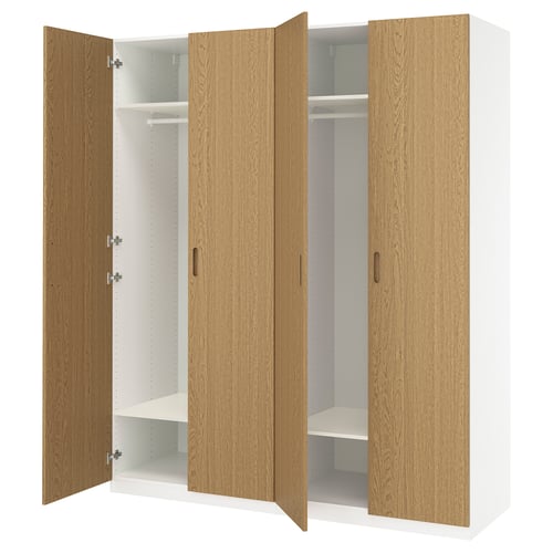 PAX wardrobe, oak, rectangular, minimalist design, closed and open sections, adjustable shelving.