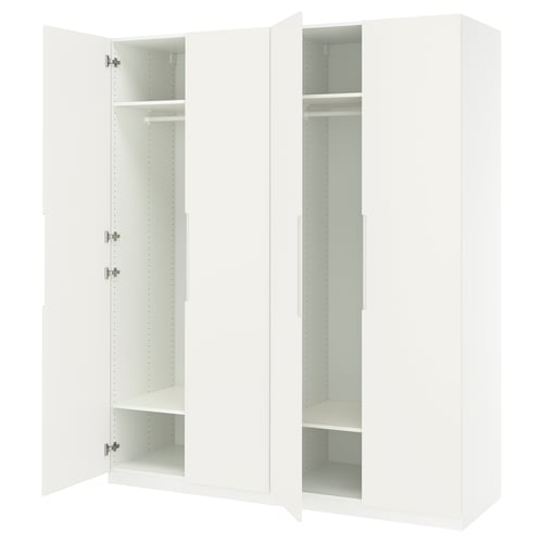 White PAX wardrobe, open doors showcasing empty shelves and hanging rod, modern design.