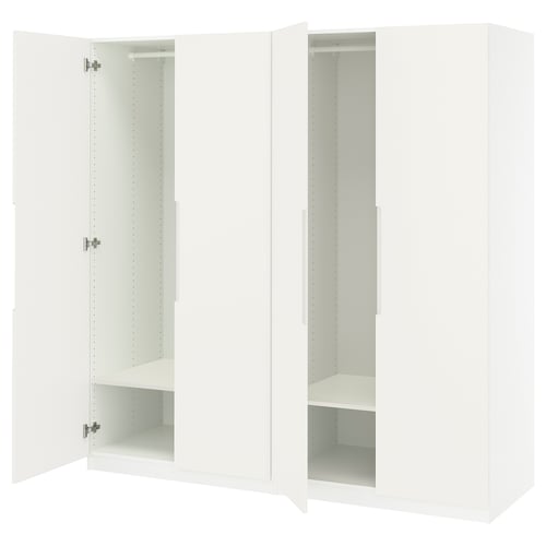 White PAX wardrobe with open doors, adjustable shelves, soft-close hinges.