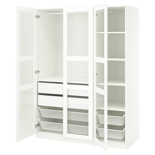 A white PAX wardrobe with mesh storage and drawers.