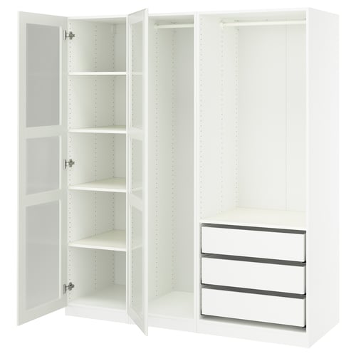 White PAX wardrobe with open door, glass panel, shelves, drawers, and metal rail. Modern design.