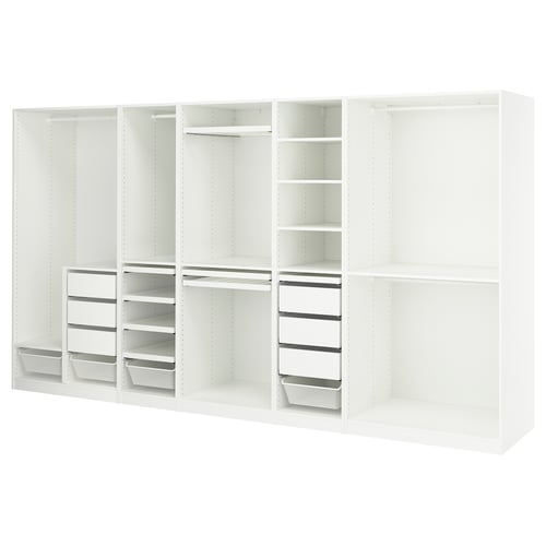 A white PAX modular wardrobe featuring shelves, drawers, and hanging space.