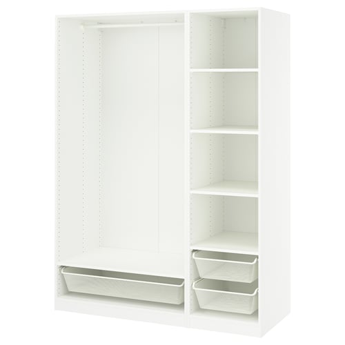 A white IKEA PAX wardrobe with hanging and shelf space, featuring mesh storage baskets.