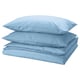 Three light blue pillows folded, smooth, soft, rectangular.