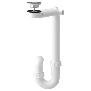 RÄNNILEN white flexible sink drain trap with adjustable length, fits under cabinets.