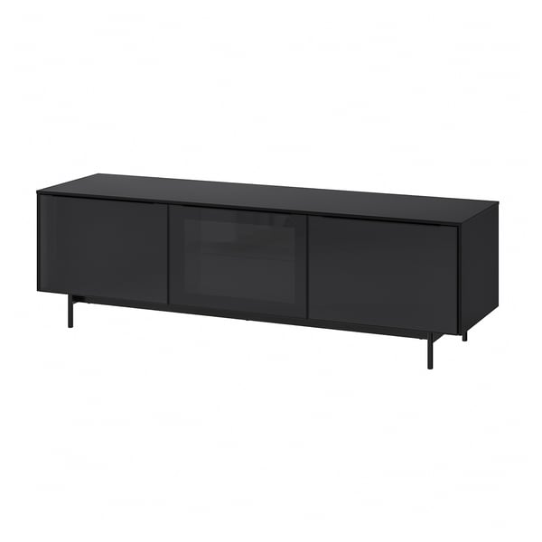 RANNÄS TV bench with doors, black/black glass, 178x42 cm