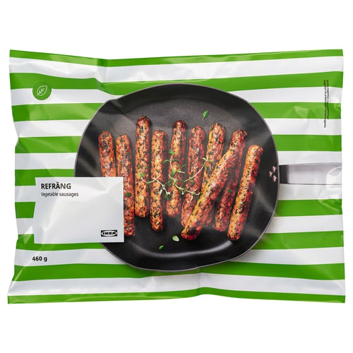 IKEA refrång vegetable sausages bag, showing cooked sausages on a pan.