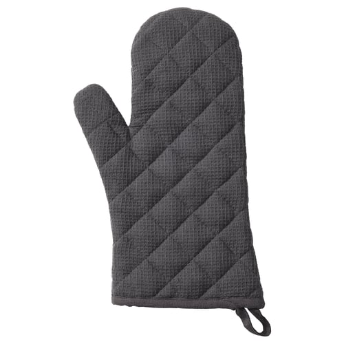 Grey oven mitt, textured diagonal lines, right/left-handed, thick insulation, recycle symbol.