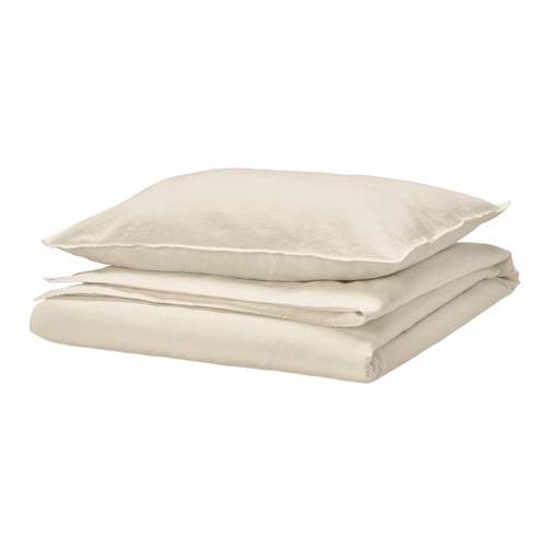 Beige RUNDHAGTORN duvet set, folded neatly with linen-cotton blend, slightly wrinkled, soft and natural.