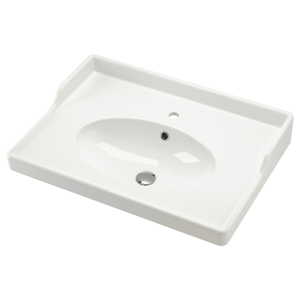 RUTSJÖN white ceramic sink, oval bowl, raised backsplash, simple design.
