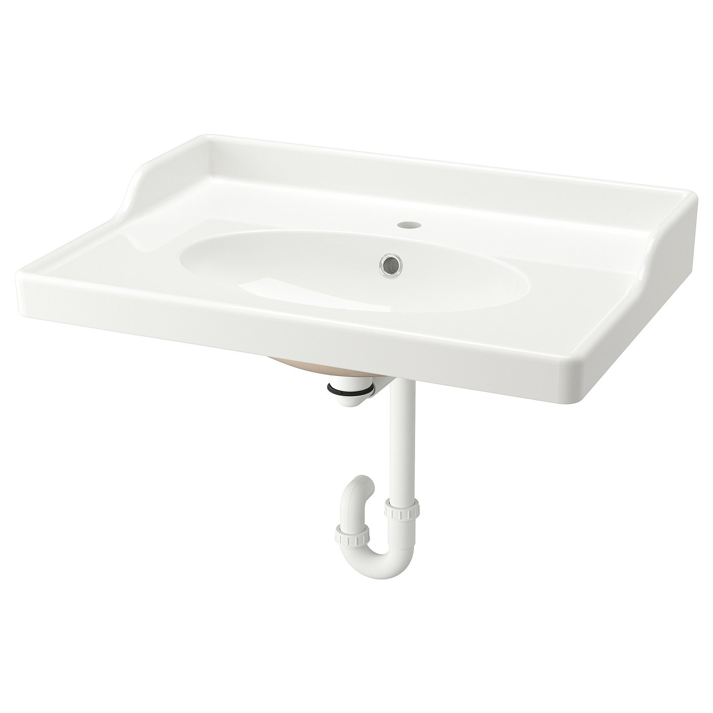 RUTSJÖN white ceramic washbasin, sleek rectangular shape, raised backsplash, integrated traditional design.
