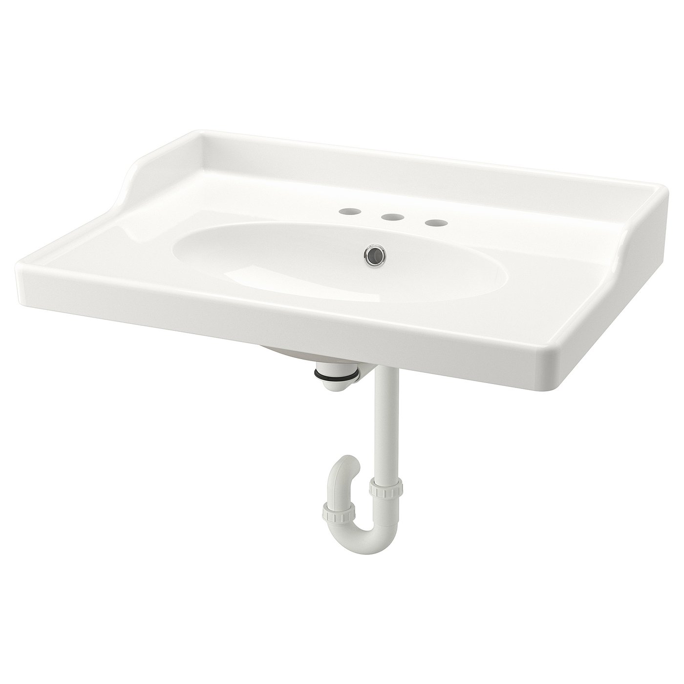 White RUTSJÖN ceramic wash-basin with backsplash and soft, rounded shape.