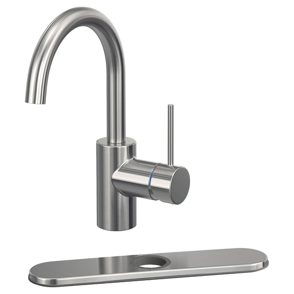 Stainless steel SALLSJÖN tap with curved spout and cylindrical handle. Modern, sleek design.