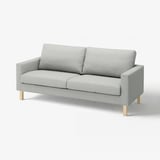 A grey, recycled polyester, modern sofa with light wooden legs and a sleek design.