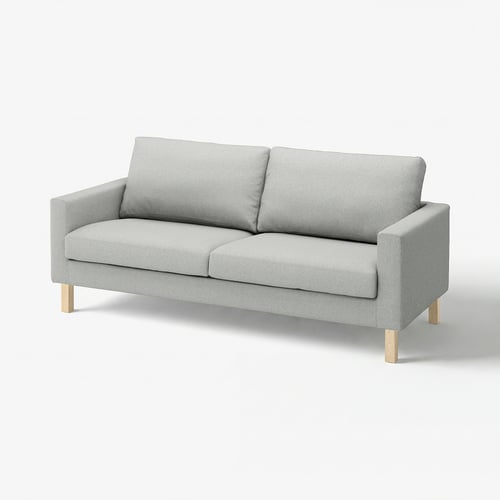 A grey, recycled polyester, modern sofa with light wooden legs and a sleek design.