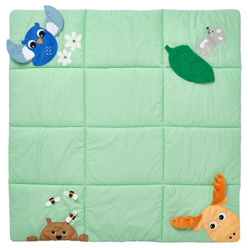 Data SANDBI play mat: green, square, soft, exhibits blue owl, white flowers, grey mouse, green leaf, black bees, brown bear, orange moose.