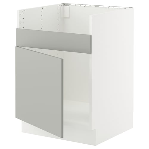 Modern white and grey kitchen cabinet with one visible door and a sleek, minimalist design.