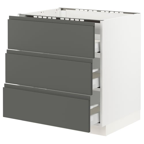 Modern grey kitchen cabinet with three drawers, white frame, minimalist design.