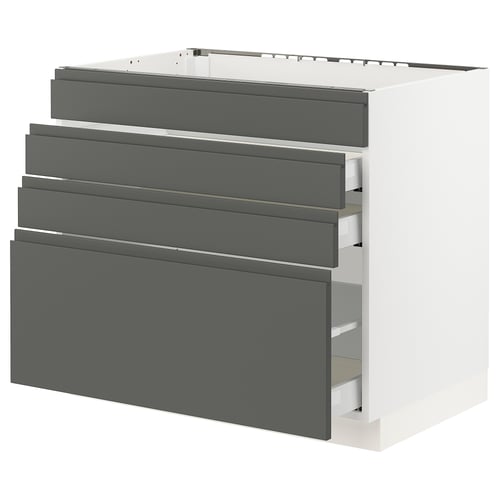Modern grey draws in white cabinet, four full-extension drawers with soft-close feature.